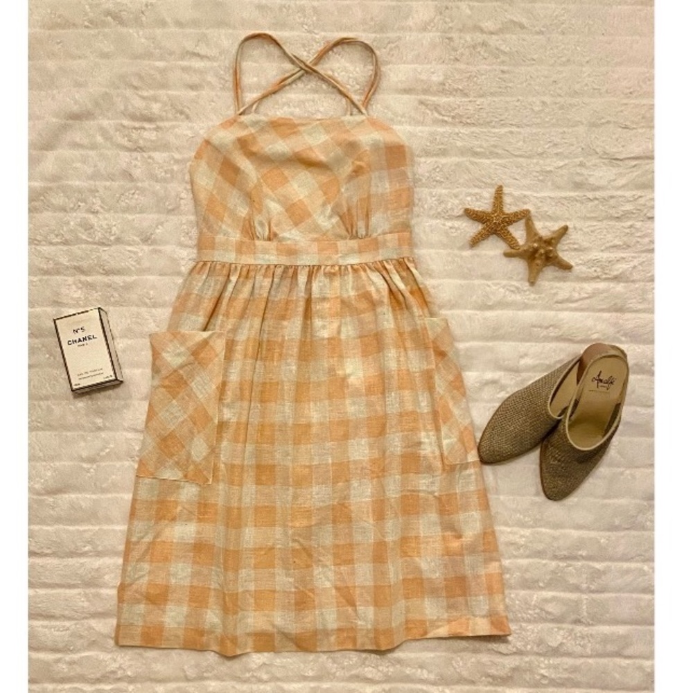 Beautiful Vintage Peach and Cream Linen Gingham Dress
